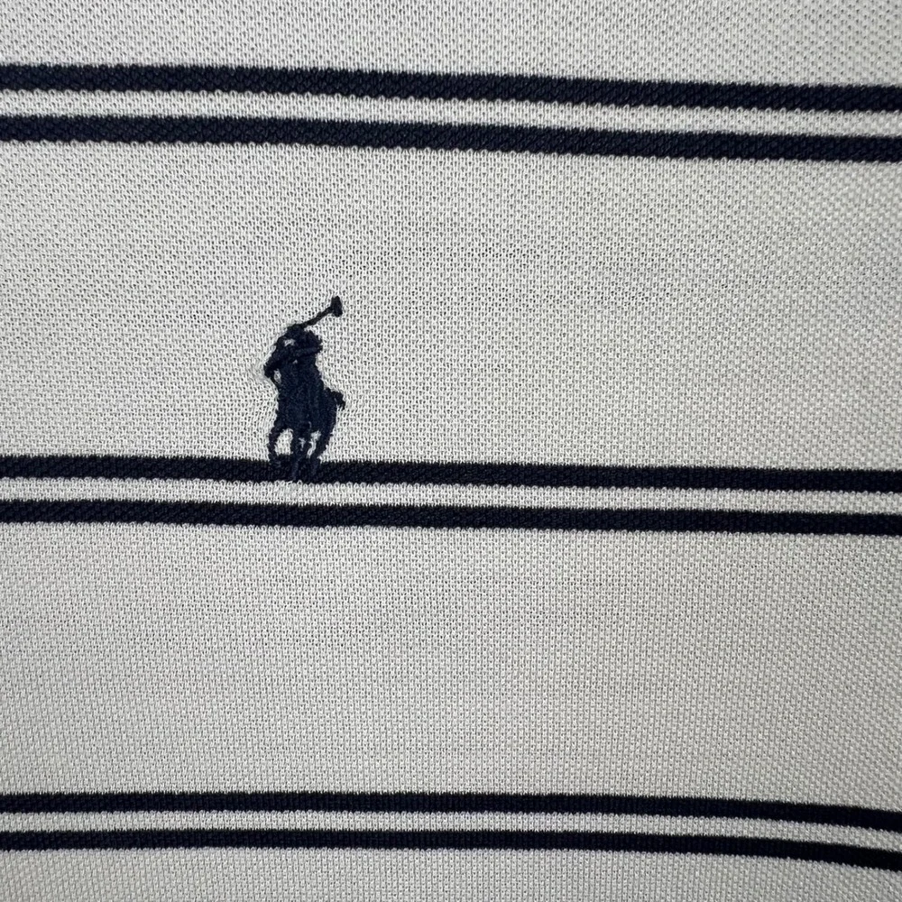 Ralph Lauren Polo Shirt Mens Large White Blue Striped Golf Fit Casual‎ Supima